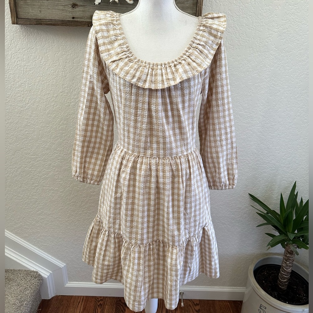 J. Crew Factory tan gingham ruffle seersucker dress ladies size 4